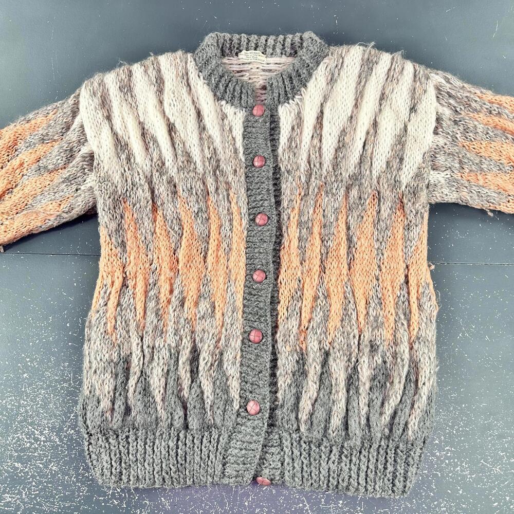 VTG 100% Mohair Cardigan Sweater Orange Gray White Button Front Handmade Chunky - Picture 2 of 10